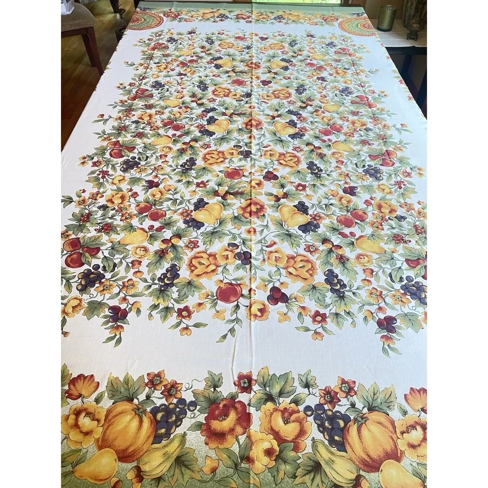 Vintage Thanksgiving Tablecloth Turkey Pumpkins Fruit Harvest Printed 81x59